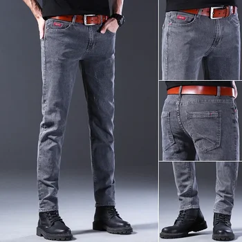 2023 Новые мужские джинсы Стрейч Regular Fit Делового повседневного классического стиля Модные джинсовые брюки Мужские черно-серые брюки