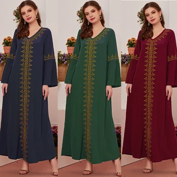 2023 Праздничное Платье Eid Morocco, Однотонное Мусульманское Женское Платье Из Рога С Длинным Рукавом в стиле Ретро, Свободное Вышитое Женское Платье-Кафтан