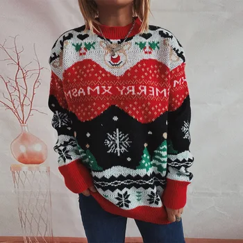 2023 Рождественский свитер, Осенне-Зимний Новый женский пуловер с круглым вырезом и длинными рукавами в виде Лося и Снежинки