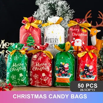 50шт Рождественский Пакет для конфет Санта-Клаус 2024 Подарочный пакет на шнурке с лентой для упаковки печенья, Продуктовые Сумки, Пакеты для упаковки подарков