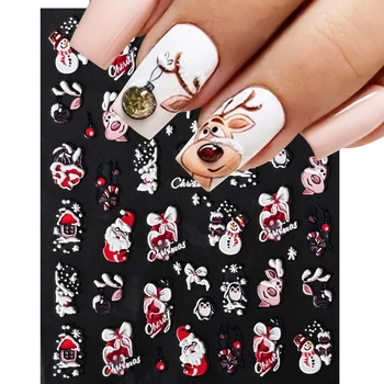 5D Рождественские наклейки для дизайна ногтей с оленем и лосем, зимние новогодние наклейки с тиснением Санта-Клауса, елка, пингвины, снеговик, слайдеры, наклейки для маникюра, детали