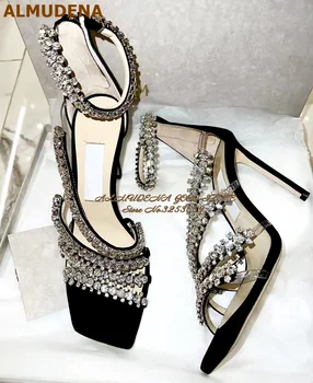 ALMUDENA Серебристые босоножки на высоком каблуке с цветочным узором и кристаллами, черные свадебные туфли-лодочки на шпильке с квадратным носком, украшенные стразами.