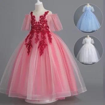 ELBCOS для девочек от 6 до 16 лет, Цветочная вышивка, Короткий рукав, юбка с бантом сзади, Костюмы для вечернего платья