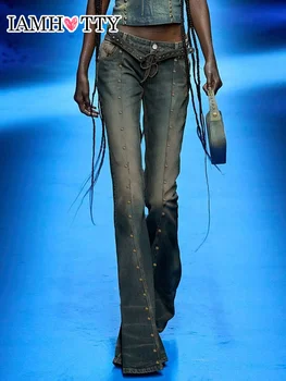 IAMHOTTY Отбеленные Мешковатые джинсы-клеш с заклепками, повседневные джинсовые брюки с низкой талией, Винтажная уличная одежда, шикарный женский наряд в стиле Fairycore Grunge