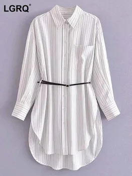 LGRQ 2024 Весна, Новый модный Дизайн с поясом, Свободная рубашка, мини-платья, Женская Оригинальная элегантная блузка в полоску, Модный 19F4566