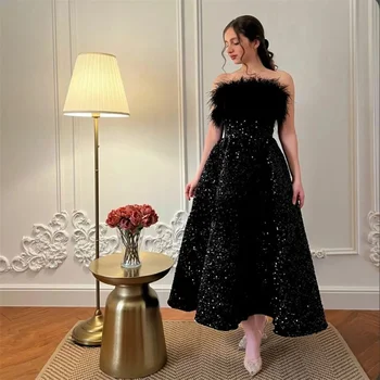 MINGLAN Элегантное вечернее платье трапециевидной формы без бретелек, украшенное перьями и блестками, без рукавов, с открытой спиной, модное платье для выпускного вечера, новинка 2023 года