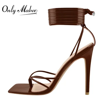 Onlymaker/ Женские летние босоножки с квадратным носком на шнуровке, шлепанцы на высоком каблуке-шпильке с перекрестным ремешком на щиколотке, модные сандалии
