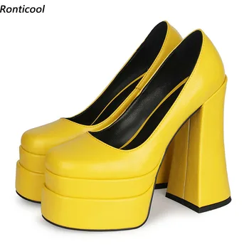 Ronticool Новое поступление, женские летние туфли-лодочки на платформе, каблуки-копытца с квадратным носком, Красивые розово-желтые вечерние туфли, американский Плюс Размер 4-13
