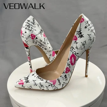 Veowalk/ Белые женские пикантные туфли на высоком каблуке с художественным принтом граффити, без шнуровки, на шпильке, вечерние модельные туфли, Большие размеры 33-46