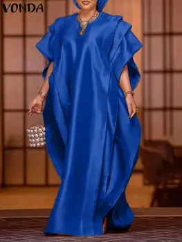 VONDA Элегантное атласное платье Макси, женский сарафан с коротким рукавом и оборками, Летний Повседневный Свободный Однотонный халат Оверсайз