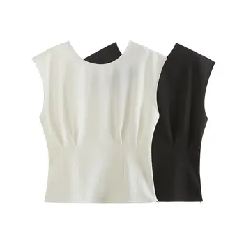 ZBZA Slim fit + короткая талия, модная женская футболка с темпераментом, топ, черный