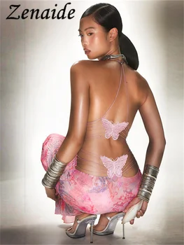 Zenaide, розовое платье с принтом на бретельках, с открытой спиной, женские сексуальные облегающие платья Миди, летняя вечеринка, клуб, фестиваль, пляж