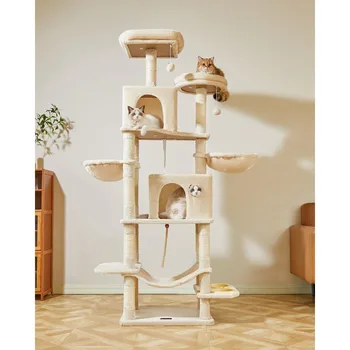 Башня из кошачьего дерева, для внутреннего использования, плюшевая многоэтажная квартира для кошек, оборудованная когтеточками, пещерами, гамаками и плюшевыми шариками