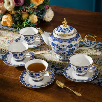 Бело-голубой фарфоровый Кофейный Чайный сервиз, креативная Европейская керамика, 1 Горшок, 4 Чашки-блюдца, Кофейный сервиз, украшения для домашнего бара.