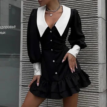 Весенне-осеннее женское модное черное вечернее платье с контрастным воротником и рюшами, элегантное сексуальное мини-платье с длинным рукавом и пуговицами, приталенное по фигуре, сексуальное мини-платье