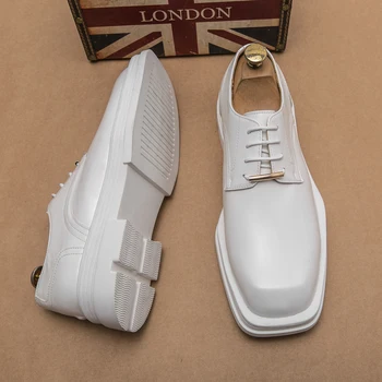 Деловые Формальные Кожаные Белые Модельные туфли на толстой подошве 2023, Весенне-осенняя Мужская обувь, Свадебные туфли С низким берцем, Модные Оксфорды, Офисная обувь