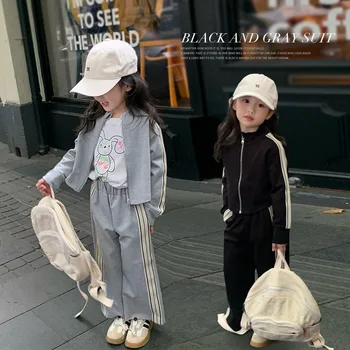 Детская одежда, Весенне-Осенний Повседневный комплект 2023 года, Новые Модные Спортивные Топы и брюки в Корейском стиле, Комплект из двух предметов для девочек