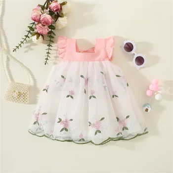 Детское праздничное пышное платье на День рождения для маленькой девочки с цветочной вышивкой, сетчатое платье принцессы с развевающимися рукавами для танцев