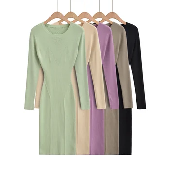 Длинные платья для женщин, модное осеннее платье миди 2023, черные вязаные зеленые платья в корейском стиле, платье с длинным рукавом, винтажная одежда