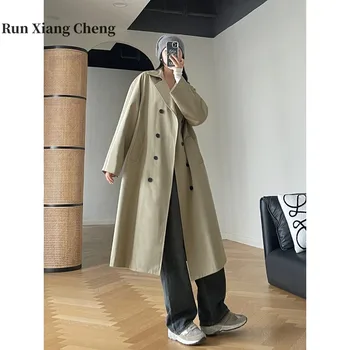 Длинный тренч RUN XIANG CHENG для женщин, осенняя корейская версия 2023 года с поясом и кардиганом в стиле колледжа, бесплатная доставка
