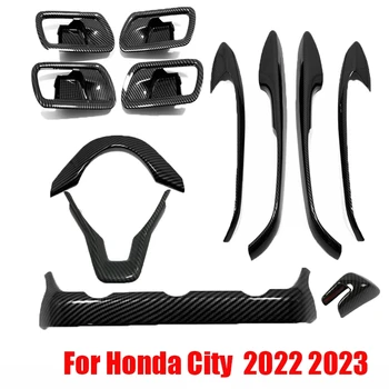 Для Honda City 2022 2023 Аксессуары для интерьера ABS хромированный Красный карбоновый подлокотник внутренней двери Крышка переключателя управления воздухом рулевого колеса