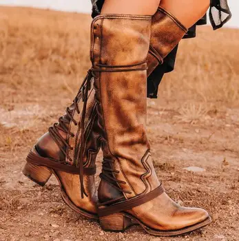 Женская мода в стиле ретро, коричневая натуральная кожа, завязанная крест-накрест сзади, круглый носок, квадратный каблук, Высокие сапоги до колена, женская обувь в стиле пэчворк для отдыха