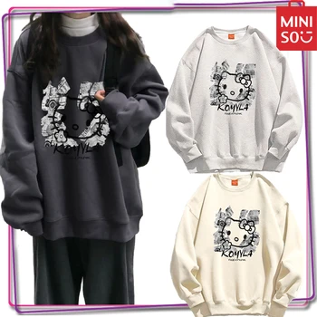 Женская футболка с длинными рукавами Moniso Sanrio Hello Kitty Y2K, осенне-зимний толстый свитшот, топ, повседневный свободный пуловер, подарок
