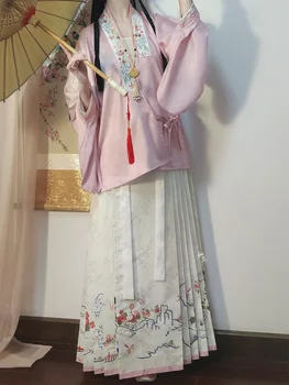 Женская юбка Hanfu с лошадиным лицом Китайская Традиционная Винтажная юбка Hanfu в складку Разноцветные комплекты 2024 Рабочая Уличная одежда плиссированная