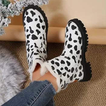 Женские ботильоны с леопардовым узором, модные зимние ботинки на платформе с круглым носком, зимние теплые ботинки с плюшевой подкладкой