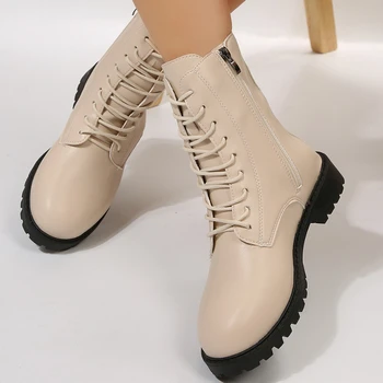 Женские ботинки на плоской подошве Со шнуровкой и молнией; Коллекция 2023 года; Модные Женские ботинки; Женская обувь из Искусственной кожи; Нескользящие Ботильоны; Zapatos Para Mujeres