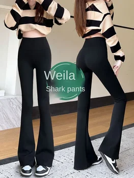 Женские брюки-клеш shark на осень и зиму. Облегающие эластичные черные бархатные брюки с высокой талией. Утолщенные и слегка облегающие.