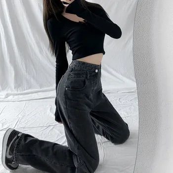 Женские джинсы Y2K, шикарные Джинсовые широкие брюки, Корейская мода, повседневные мешковатые брюки, уличная одежда, базовые джинсы с прямыми пуговицами