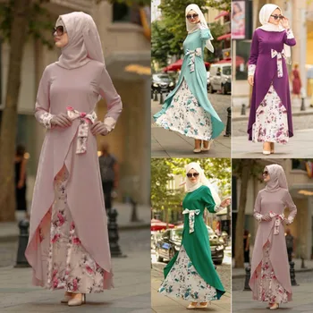 Женские Длинные платья с длинным рукавом, Круглым вырезом, Высокой Талией, Исламская Одежда, Мусульманская мода, Принт, Большие размеры