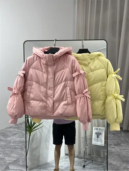 Женские зимние парки Sweet Bow, розовые пуховики, новинка 2023 года, женские толстые теплые пальто с капюшоном в корейском стиле, верхняя одежда