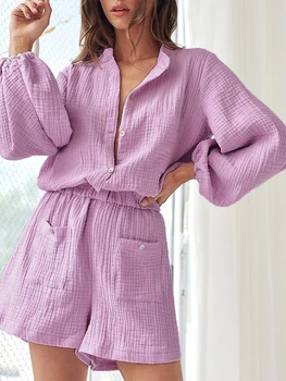 Женские пижамные комбинезоны, однотонные шорты с длинным рукавом на пуговицах, комбинезоны, одежда для отдыха, Мягкая одежда для сна, ночное белье