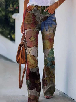 Женские расклешенные брюки с цветочным принтом и застежкой-молнией, облегающие длинные модные брюки для повседневной носки
