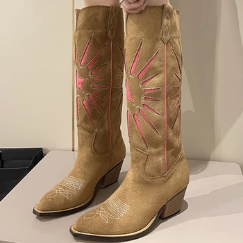 Женские рыцарские сапоги Осенние винтажные ковбойские сапоги в западном стиле с вышивкой Сапоги до колен на толстом каблуке с острым носком Bottes Cow Boy Femme