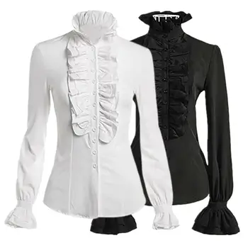 Женские топы, женская рубашка с рюшами и вырезом в стиле ретро, приталенная дышащая блузка с длинным рукавом, однотонный топ из полиэстера и спандекса.
