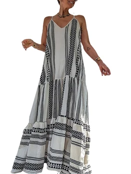 Женское летнее длинное платье в богемном стиле, без рукавов, на тонких бретелях, с графическим принтом, свободное платье-комбинация миди, пляжная одежда