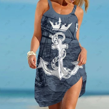 Женское летнее платье с принтом лодочного якоря, повседневное свободное платье без рукавов с круглым вырезом, модное пляжное платье больших размеров S-5XL