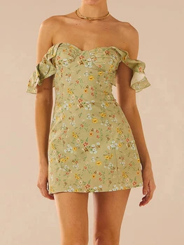 Женское мини-платье с открытыми плечами, повседневное платье без рукавов с цветочным принтом и рюшами, приталенное платье, клубная одежда