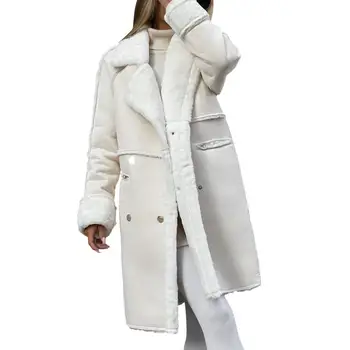 Женское плюшевое пальто с двубортными карманами на осень-зиму, однотонное пальто средней длины с утеплителем