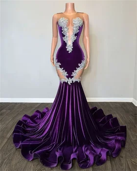 Женское русалочье элегантное фиолетовое бархатное кружевное сексуальное плиссированное вечернее платье с деколью, коктейльное платье для выпускного вечера, можно настроить по индивидуальному заказу большого размера