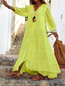 Женское Свободное платье в стиле пэчворк с длинным рукавом и пуговицами Лето 2022, Пляжное Повседневное Однотонное платье Макси, женская уличная одежда, платье с V-образным вырезом, Vestidos
