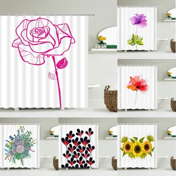 Занавеска для душа с цветочным рисунком, занавески для ванной комнаты из водонепроницаемой полиэстеровой ткани с розами и подсолнухом, декор для ванны из 12 крючков