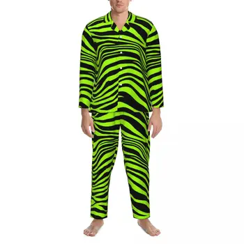 Зеленый Пижамный комплект Tiger Lines с животным принтом, Модная Пижама Для мужчин, Повседневная Ночная одежда с длинным рукавом, Пижама из 2 предметов, Большой Размер 2XL