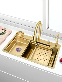 Золотая раковина с водопадом из нержавеющей стали Nano 304, Большая раковина для мытья посуды, Раковина для овощей, Раковина ручной работы