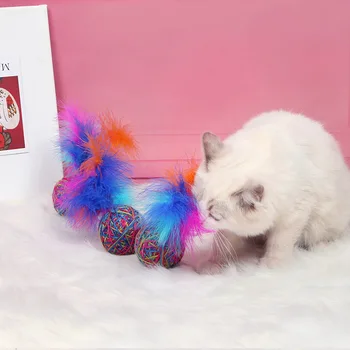 Игрушка для домашних кошек, Красочный Шерстяной мяч, играющий в кота с пером, Интерактивная игрушка 7 см, игрушка для кошачьих царапин, Товары для домашних животных