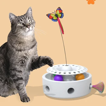 Игрушки для кошек с роликовыми дорожками, мяч, автоматическое электронное вращающееся упражнение с перьями бабочки, Забавные интерактивные игрушки-тизеры для котенков