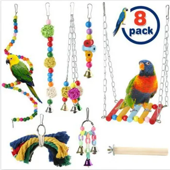 Игрушки для кусания попугаев, качели для домашних птиц, подвесной мост, игрушки для поиска корма и кормления, набор из 8 предметов